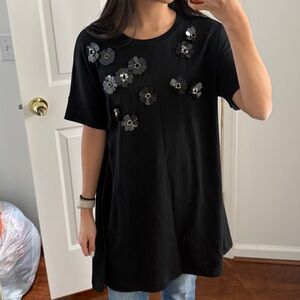 Joan Vass Black Top with Floral Accents